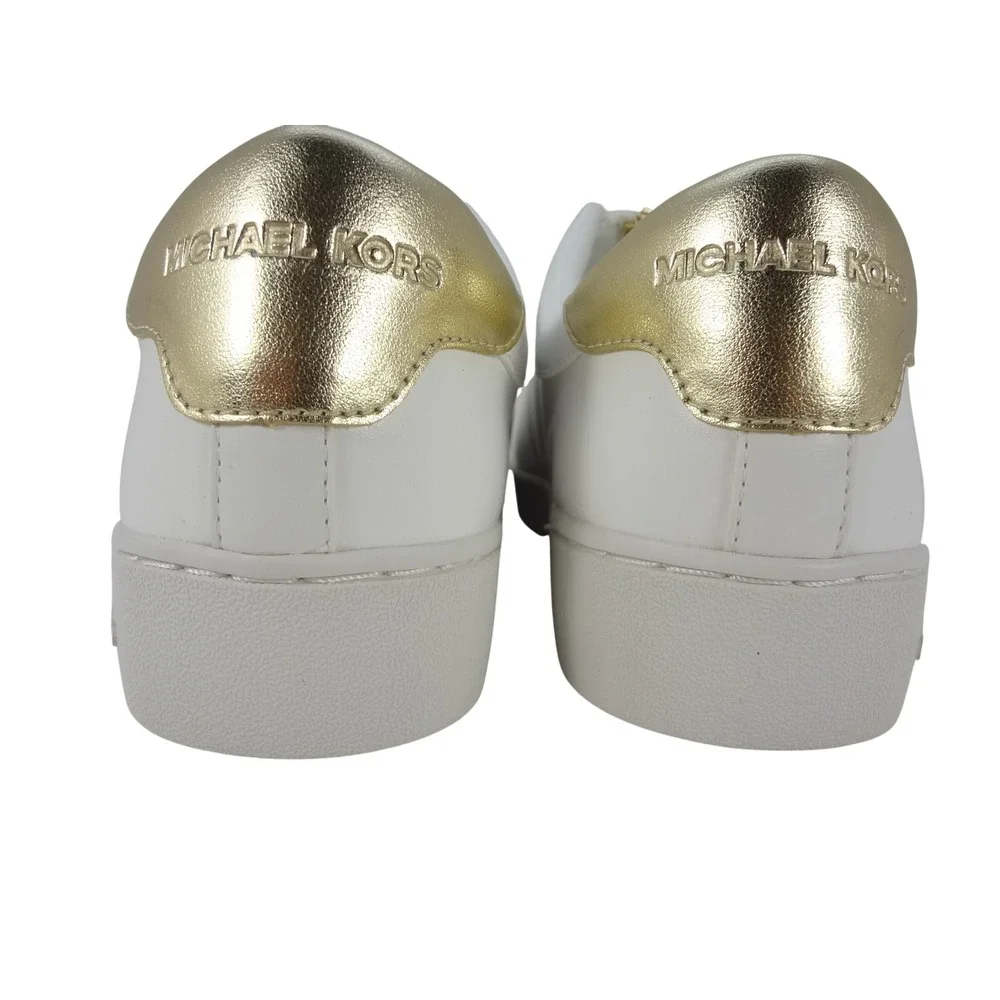 Michael Kors Sneaker Womens 9 White Excellent Front Zip Gold Logo FT25F Slip On